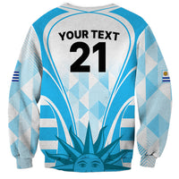 Light blue sweatshirt with Your Text 21 back print and Uruguay graphic