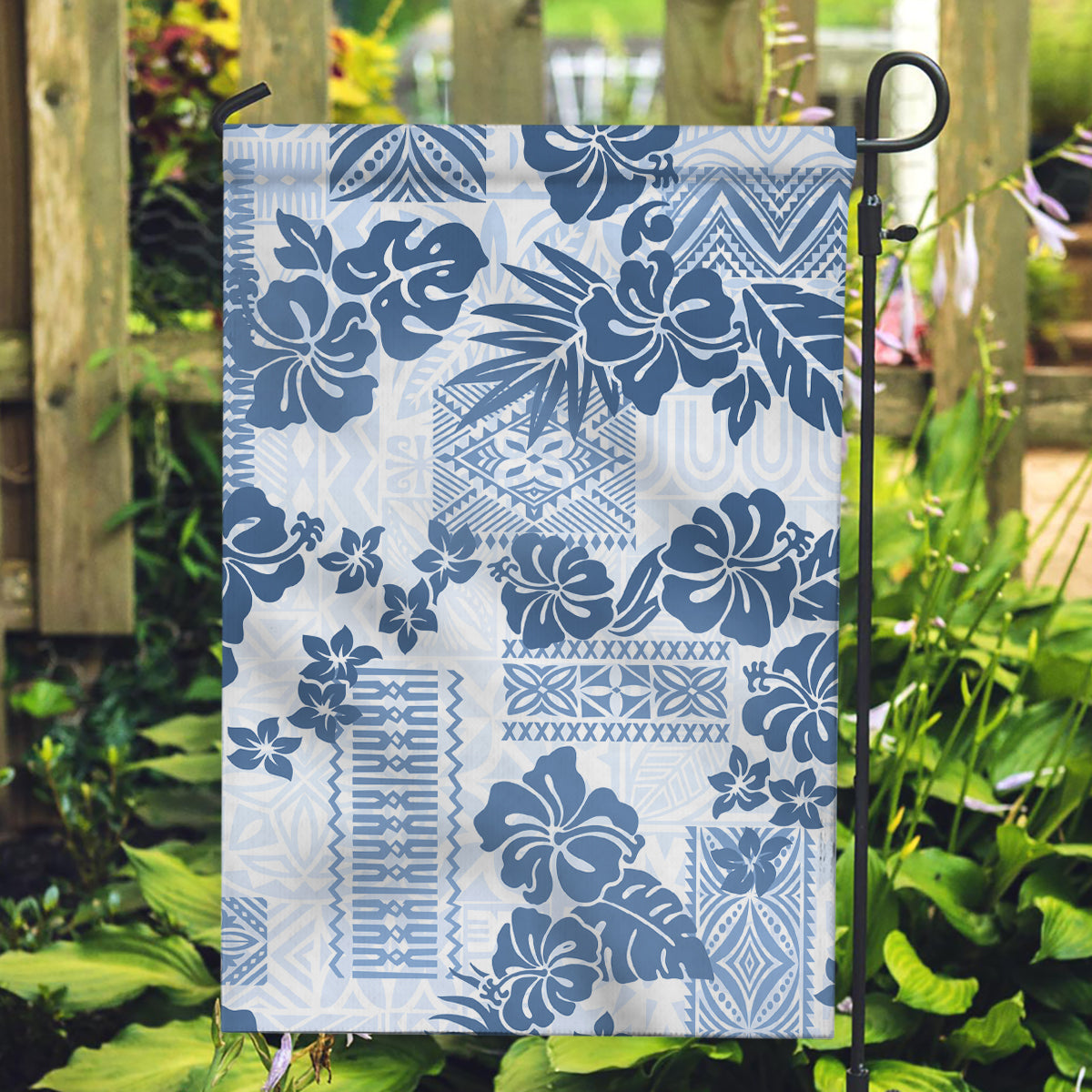 Vintage Hawaii Garden Flag Hibiscus Tapa Tribal With Hawaiian Quilt Pattern Blue - Wonder Print Shop