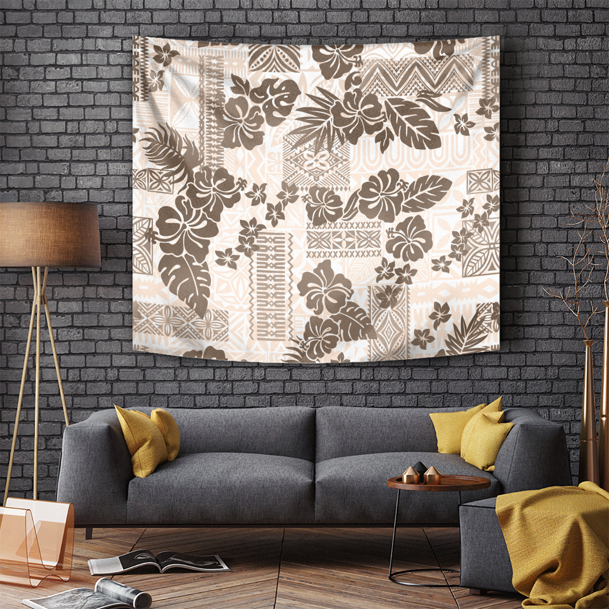 Gold, cream, and dark brown hibiscus and tapa tribal quilt-pattern wall tapestry