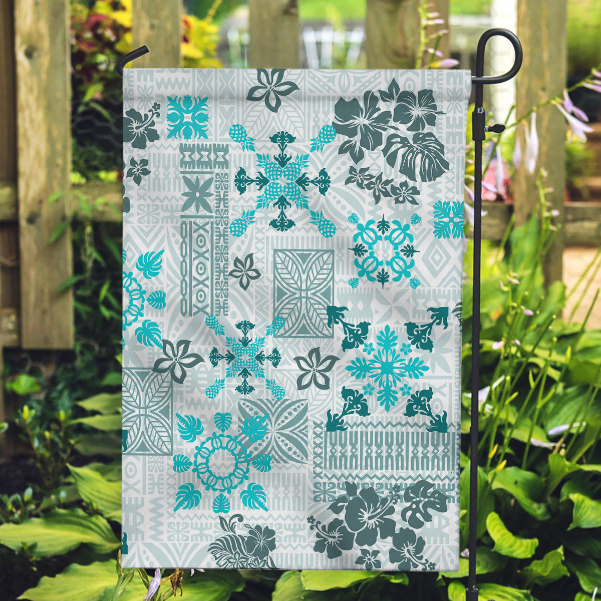 Hawaii Tapa Tribal Garden Flag With Hawaiian Quilt Pattern Aqua - Wonder Print Shop