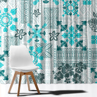 Aqua and dark green floral geometric window curtain with quilt-like patchwork design