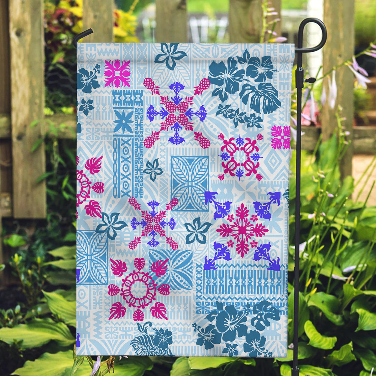 Hawaii Tapa Tribal Garden Flag With Hawaiian Quilt Pattern Blue - Wonder Print Shop