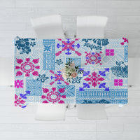 Blue Hawaiian quilt-pattern tablecloth with tapa tribal motifs and pink accents