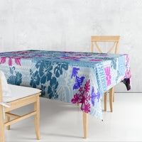 Blue Hawaiian quilt-pattern tablecloth with tapa tribal motifs in teal and pink