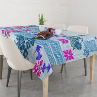 Blue Hawaiian quilt-pattern tablecloth with dark teal and magenta tapa designs