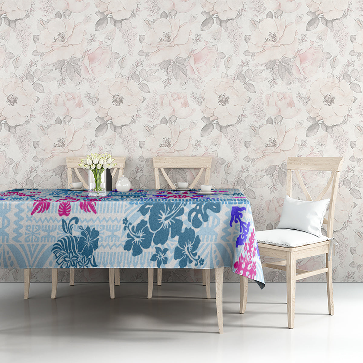 Blue Hawaiian quilt-pattern tablecloth with tapa tribal motifs, pink and teal accents