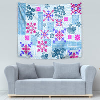 Blue quilt tapestry with pink and teal floral medallions and grid patterns, rectangle