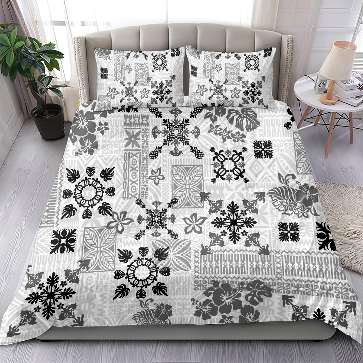 Black-and-white tribal patchwork quilt bedding set with two matching pillowcases