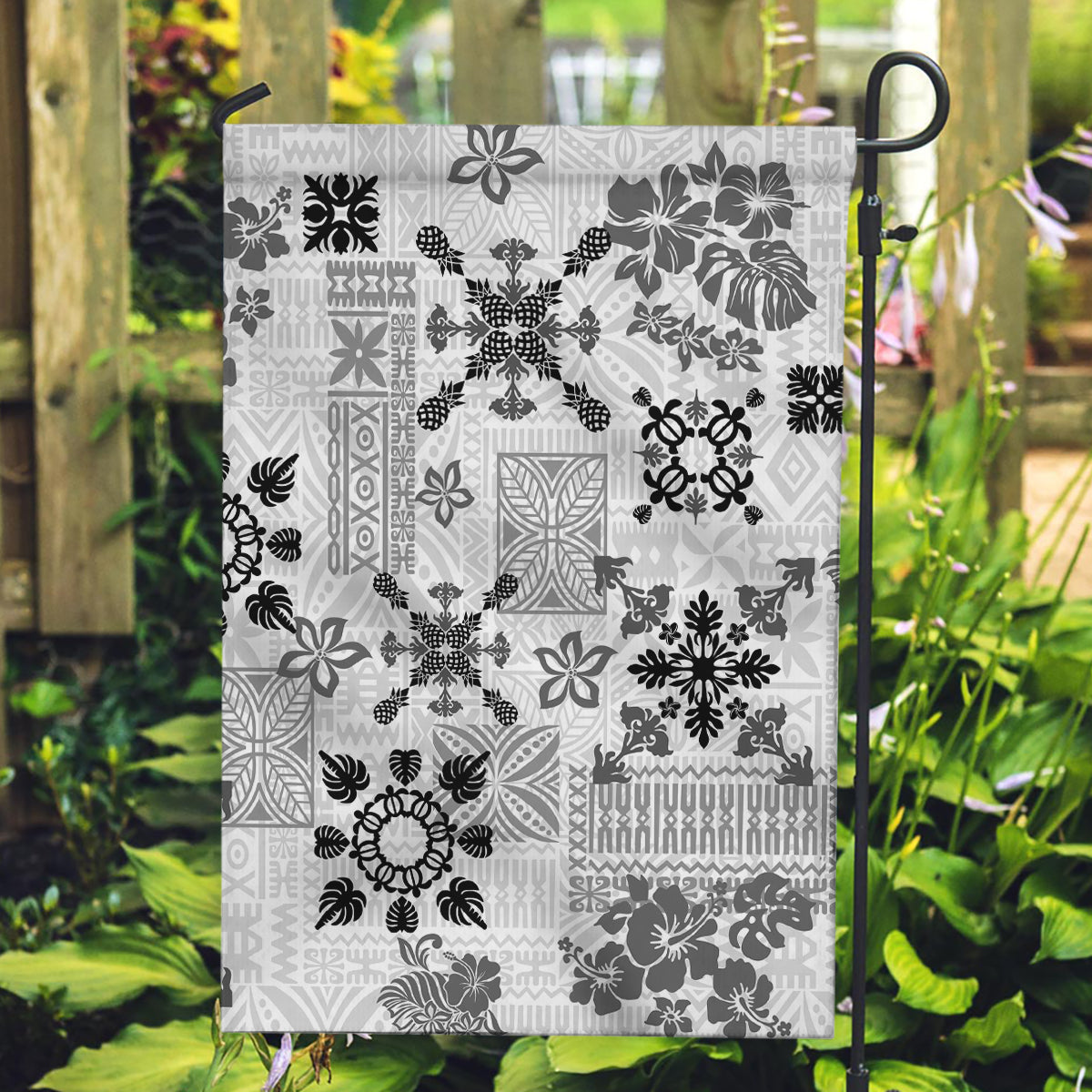 Hawaii Tapa Tribal Garden Flag With Hawaiian Quilt Pattern Black - Wonder Print Shop