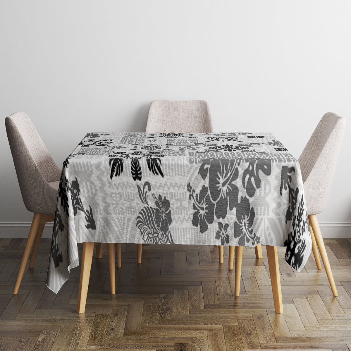 Rectangular tablecloth in black and white with tapa-style tribal quilt pattern