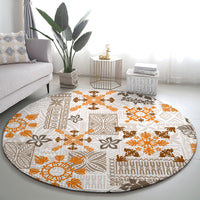 Round area rug featuring beige tapa tribal pattern in orange and brown tones