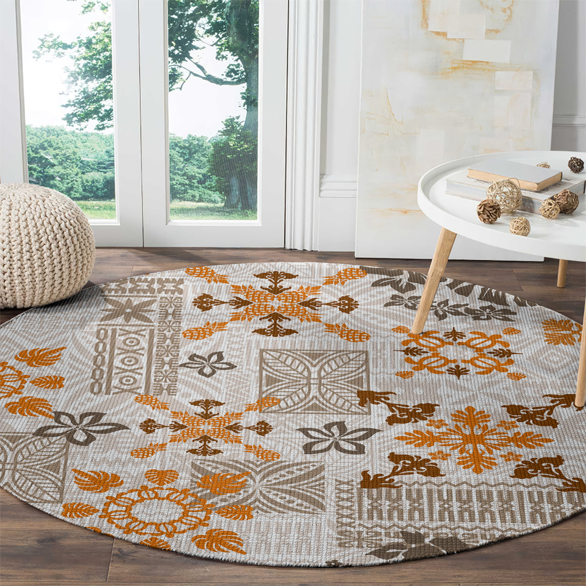 Round tapa tribal carpet with beige base and orange-brown woven geometric quilt design