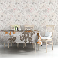 Rectangular tapa tribal tablecloth with brown floral motifs and orange accents on off-white.
