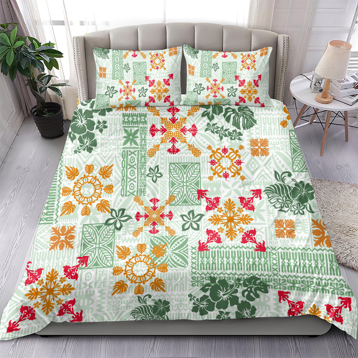 Green Hawaiian quilt bedding set featuring tapa tribal pattern, bright floral accents