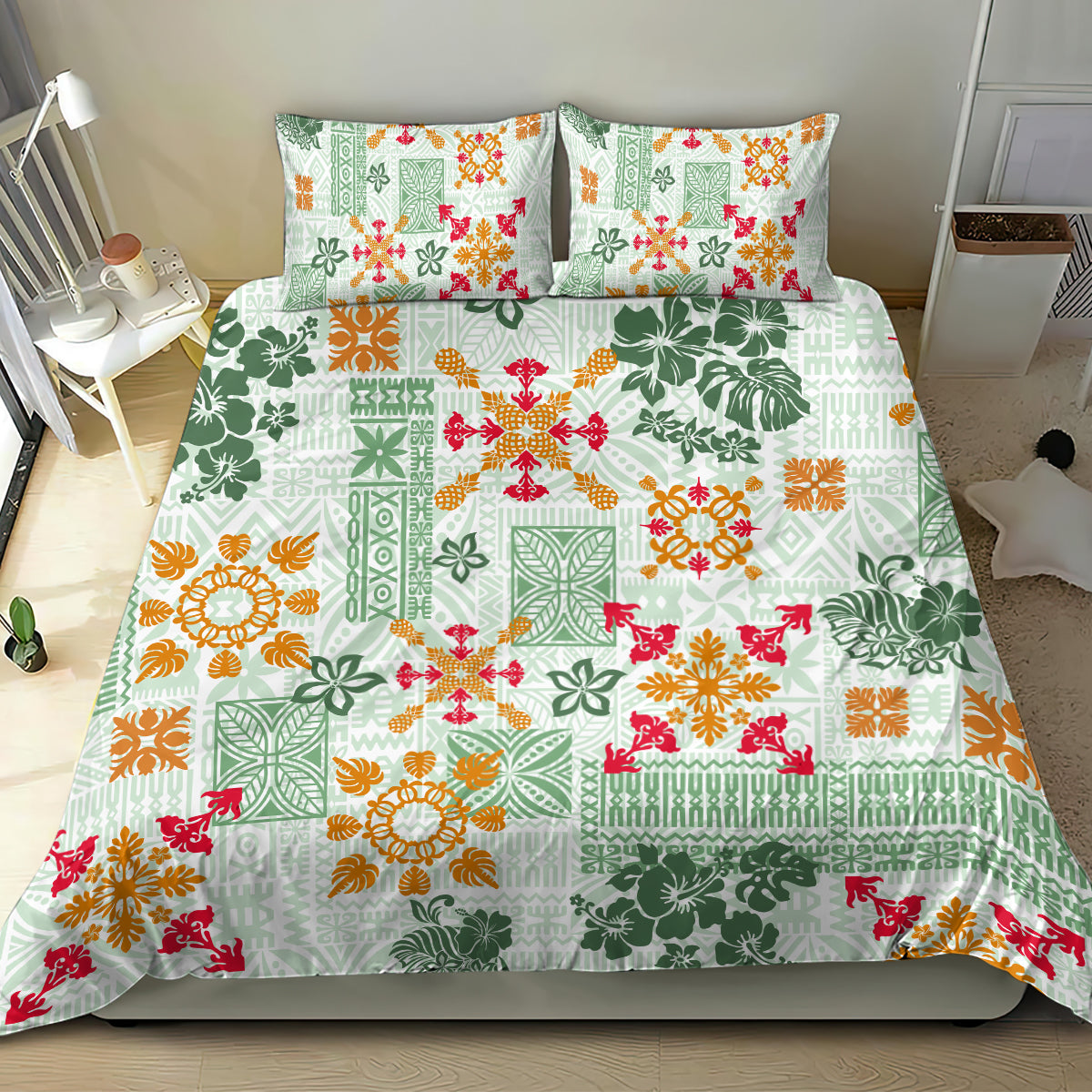 Green Hawaiian quilt bedding set with tapa tribal design, matching pillow shams