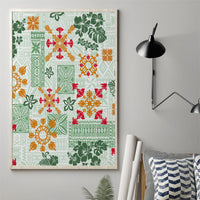 Green canvas wall art featuring tapa and Hawaiian quilt floral patchwork pattern