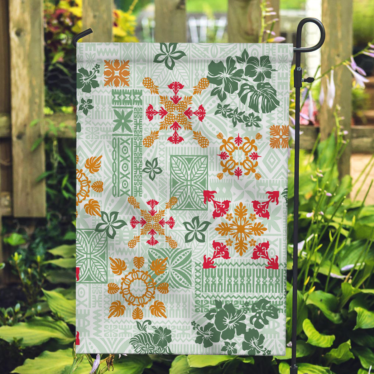 Hawaii Tapa Tribal Garden Flag With Hawaiian Quilt Pattern Green - Wonder Print Shop