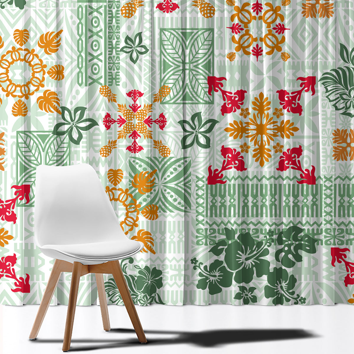 Green patterned window curtain panel with tapa motifs and red, orange, white details
