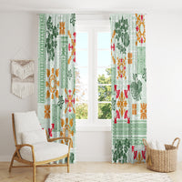 Green tribal window curtain panels with tapa pattern and red, orange, white accents