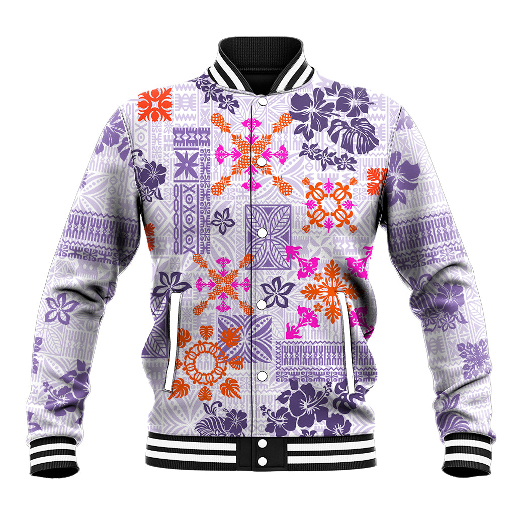 Violet-and-white quilt print baseball jacket with striped ribbed collar and cuffs