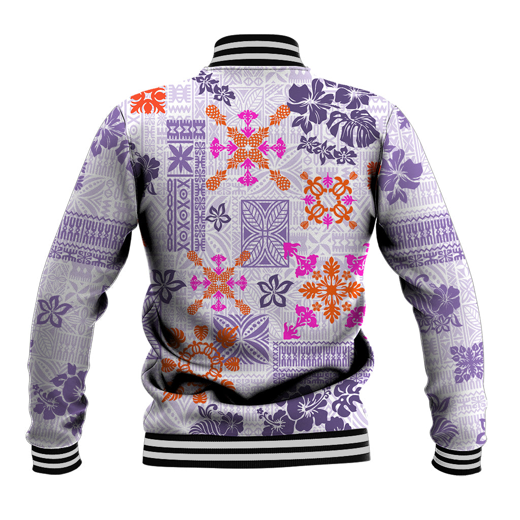 Violet-and-white quilt print baseball jacket back view with ribbed striped hem and cuffs