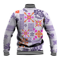 Violet-and-white quilt print baseball jacket back view with ribbed striped hem and cuffs