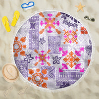Violet round beach blanket with fringed edge, Hawaii quilt tribal pattern.