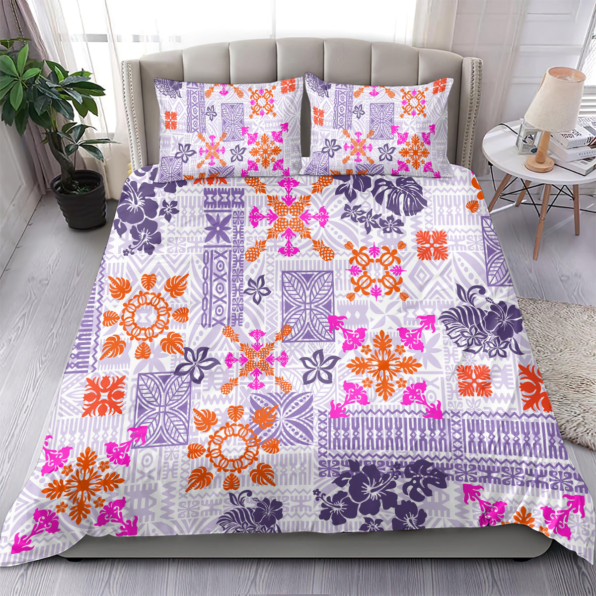 Violet Hawaiian quilt set with two pillow shams, tapa tribal patchwork design.