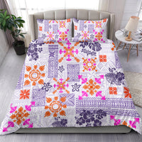 Violet Hawaiian quilt set with two pillow shams, tapa tribal patchwork design.