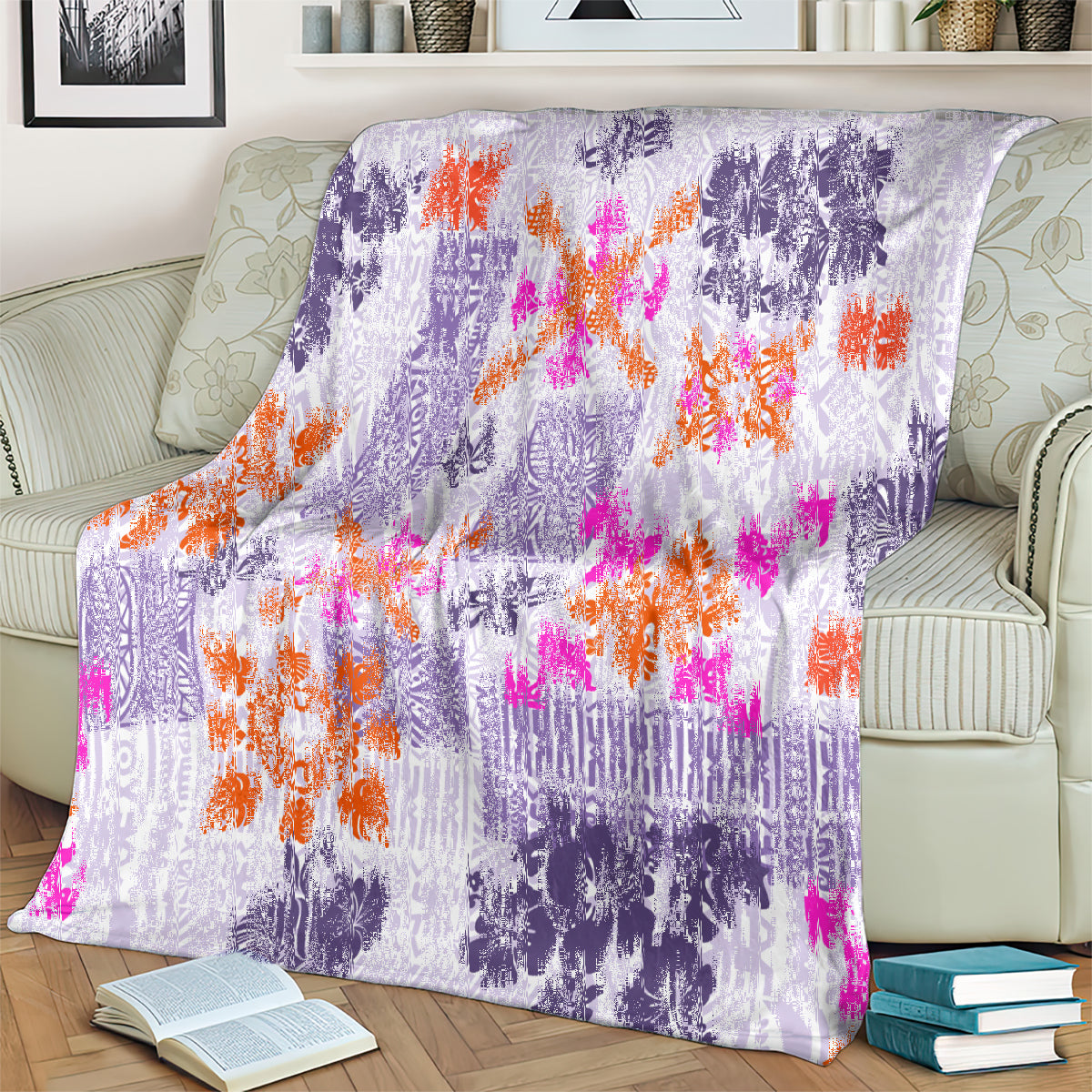 Lavender violet Hawaiian blanket with bold orange, pink, and dark purple floral tapa prints