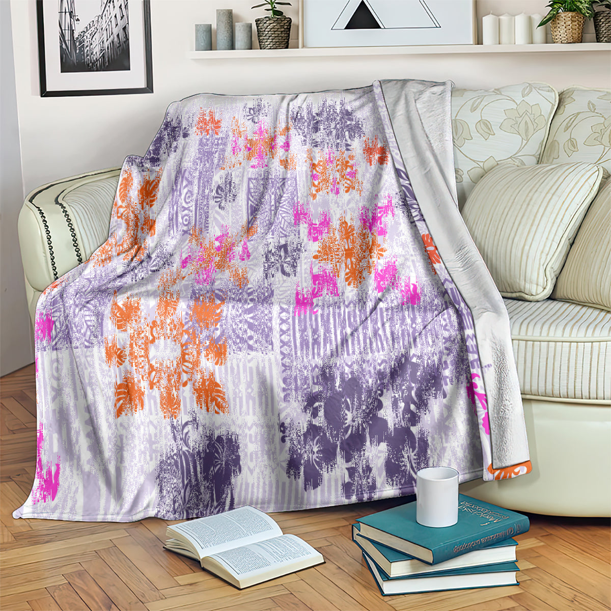 Purple floral tapa blanket with neon orange, fuchsia, and dark violet pattern blocks