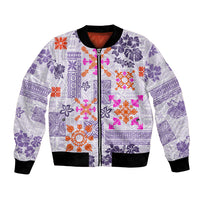 Violet Hawaiian quilt bomber jacket with colorful floral tapa print and black ribbed trim