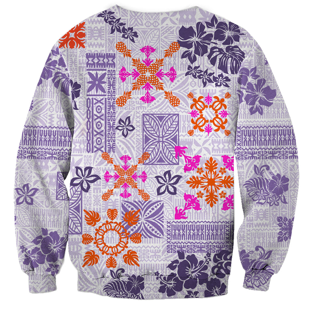 Violet unisex sweatshirt with Hawaiian quilt tapestry print, ribbed cuffs and hem