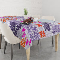 Violet tablecloth with patchwork floral and geometric pattern, orange and bright pink spots