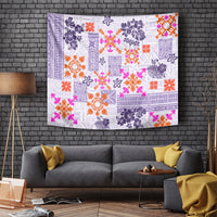 Violet quilt-pattern tapestry with tapa tribal motifs and floral geometric blocks