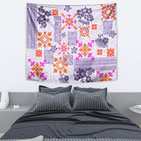 Violet Hawaiian quilt-pattern tapestry with colorful tapa flowers and orange-purple geometric