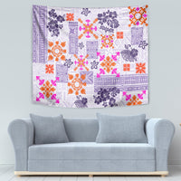 Violet Hawaiian quilt-pattern tapestry with tapa tribal blooms and geometric borders