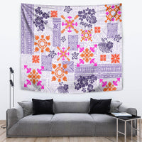 Violet tapestry with Hawaiian quilt blocks and colorful floral tapa accents
