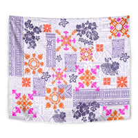 Violet quilt-pattern tapestry close-up with tapa tribal flowers in orange and pink