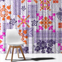 Violet window curtain fabric with tapa tribal and quilt motifs in orange, fuchsia, navy