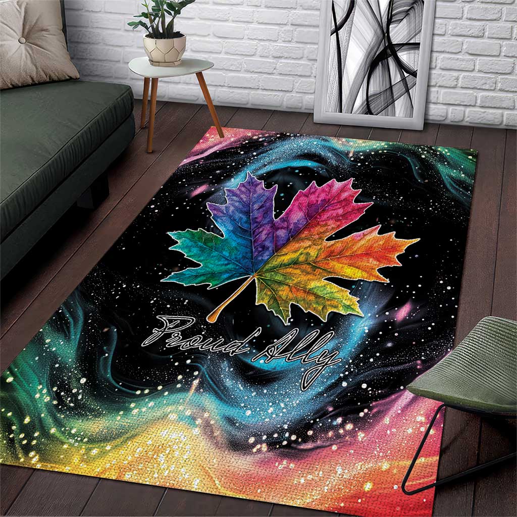 Black area rug with colorful maple leaf graphic and starry galaxy swirl, 'Proud Ally'.