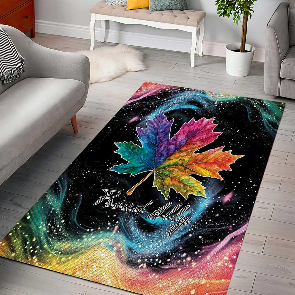 Black area rug with rainbow maple leaf centerpiece and colorful starry galaxy waves.