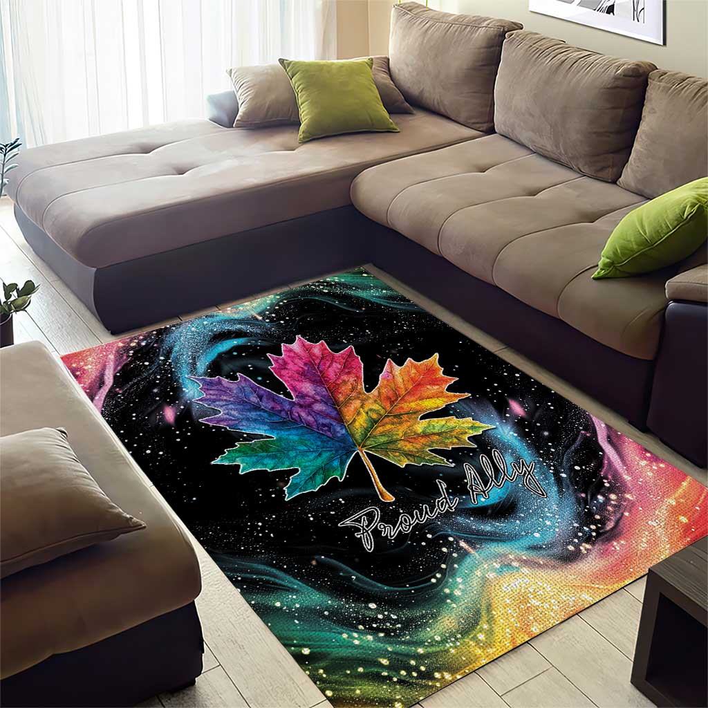 Black area rug featuring rainbow maple leaf and 'Proud Ally' text in starry design.