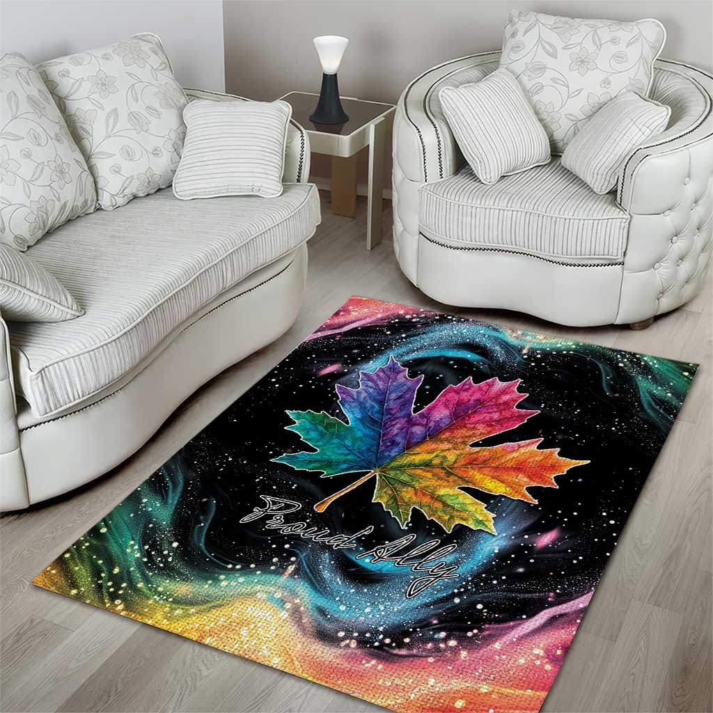 Black area rug with rainbow maple leaf and swirling cosmic colors, 'Proud Ally'.