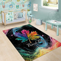 Black area rug with rainbow maple leaf design and starry galaxy rainbow gradient edges.