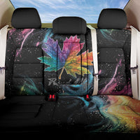 Black car seat cover set with rainbow maple leaf Canada Pride graphic, rear bench.