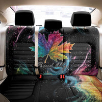 Black car seat cover set with rainbow maple leaf Canada Pride graphic, full rear row.