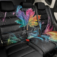 Black front car seat cover with rainbow maple leaf Canada Pride center graphic.