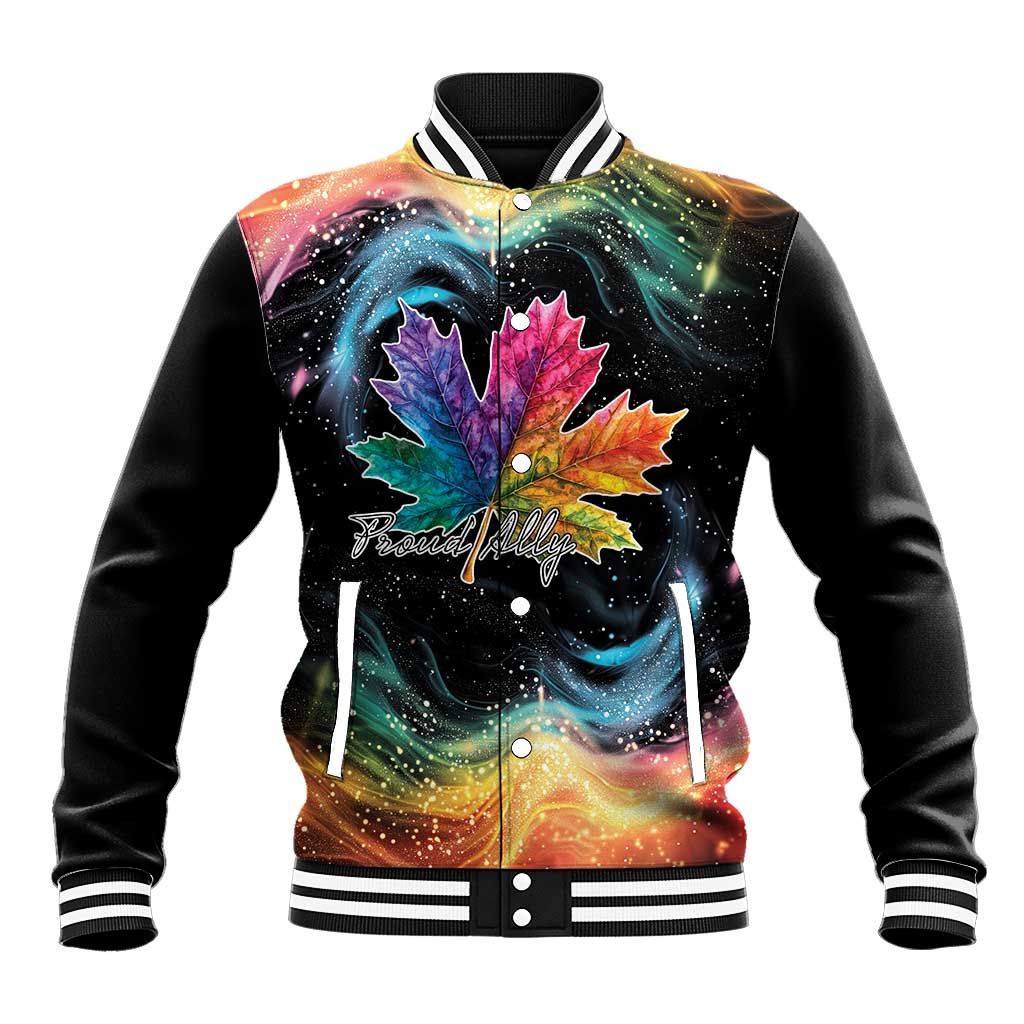 Black unisex baseball jacket with rainbow galaxy maple leaf graphic, snap front.