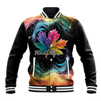 Black unisex baseball jacket with rainbow galaxy maple leaf graphic, snap front.
